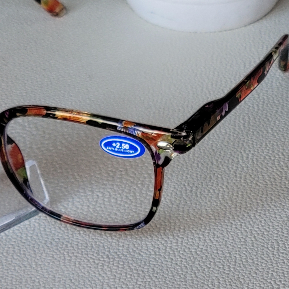 Blue Light Blocking Vibrant Floral Pattern Orange & Green Hues Glasses +2.50 - Picture 2 of 5
